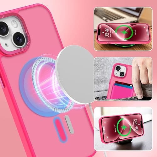 MOWIME Magnetic Designed for iPhone 14 Case 6.1" 2022, Hot Pink | [Compatible with Magsafe] [with Wallet & Card Holder] [Military Drop Protection] Slim Translucent Matte Phone Case thumbnail 6