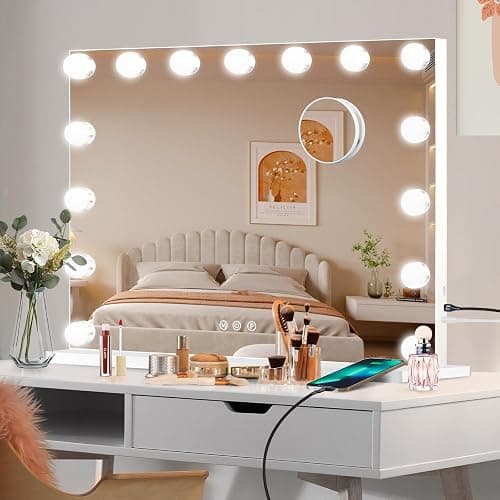 Moonee Vanity Mirror with Lights, Hollywood Lighted Makeup Mirror with 15 Dimmable Bulbs and 10X Magnification, 3 Colors Modes, Aluminum Metal Frame, Light Up Mirror for Tabletop or Wall（23" x 18"） thumbnail 8