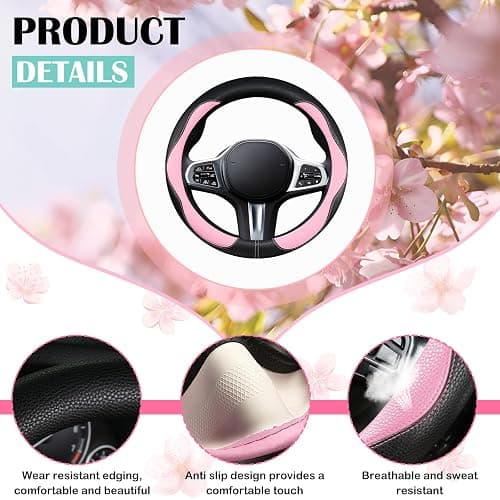 SuperKaKa Car Steering Wheel Cover 2025, Universal Auto PU Cute Breathable Slip-Proof Comfort Imitation Leather Protector Cars Interior Accessories for Women Men Fit Most Vehicle (Pink) thumbnail 2