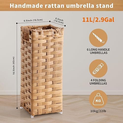 WAOHANAZ Rattan Umbrella Stand, Umbrella Holder for Entryway, Hand Woven Umbrella Rack Organizer Freestanding, with a Detachable Drip Tray, 4 Hooks, 6.5" L x 6.5" W x 16.5" H - 6.5"L x 6.5"W x 16.5"H thumbnail 3
