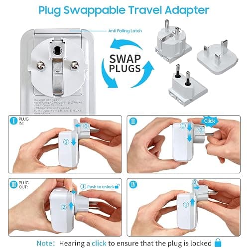 European Travel Plug Adapter Kit, VINTAR International Plug Adapter with 3 USB Ports (2 USB C,3.4A) 2 American Outlets, Type C,G,E/F Detachable Attachments, Adapter for US to UK Europe France Italy thumbnail 5