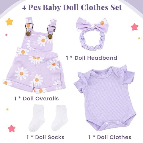 BABESIDE 4 Pcs Reborn Baby Doll Clothes Set for 17-22 Inch Baby Dolls | Cute Purple Flower Baby Doll Overalls Lifelike Reborn Baby Doll Accessories with Headband and Socks for Realistic Dolls Girl thumbnail 5