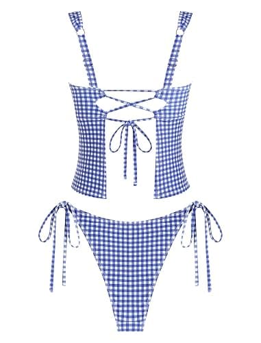 ZAFUL Tankini Swimsuits for Women Gingham Bow Decor Ruched Back Cross Tie Tankini Set Tummy Control 2 Piece Bathing Suits thumbnail 2