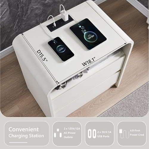 Aitjunz 25" Tall Modern Nightstand with Charging Station, 23.6'' Wide Wood Bedside Table w/2 Storage Drawers, Large Mid Century End Table for Bedroom, Living Room, Curved Profile Design, White thumbnail 3