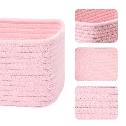 MiniArk Small Storage Baskets for Organizing | Closet Organizer Bins | Shelf Toy Basket | Woven Rope Baskets | Cube Decorative Box | Shallow Basket | 11.5x7.5x4.7” | 3 Packs Light Pink thumbnail 4