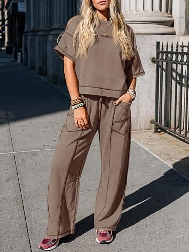Fisoew Womens 2 Piece Outfits Lounge Sets Short Sleeve Tops and Wide Leg Pants Travel Vacation Casual Matching Sets thumbnail 5
