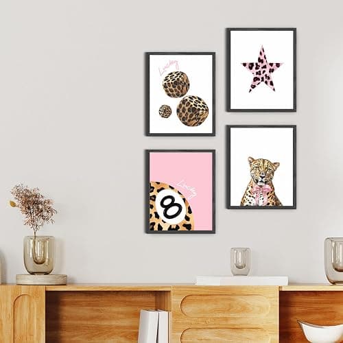 JINYO Coquette Pink Leopard Print Bow Lucky 8 Ball Dice Star Wall Art Prints Set of 4, Funky Y2K Pink Leopard Aesthetic Wall Decor Posters Pictures for Home Girls Room Apartment, 8x10 Unframed thumbnail 5