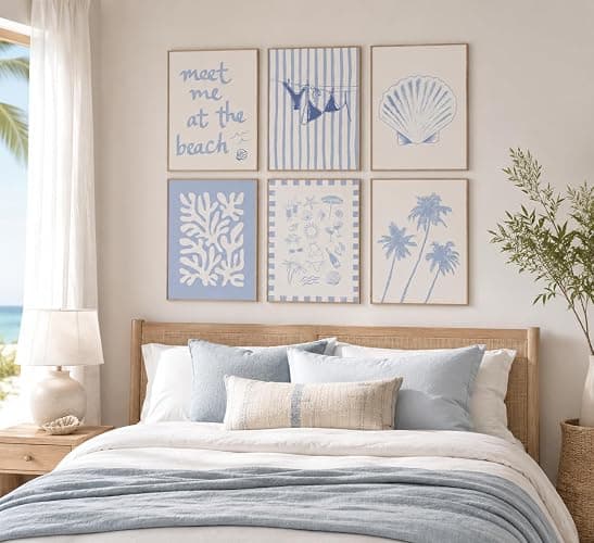 6Pcs Coastal Granddaughter Wall Art Blue Shell Bikini 8x10in | Starfish Palm Tree Poster Prints, Meet Me At The Beach, Preppy Aesthetic, For Girly Room Dorm Apartment thumbnail 5
