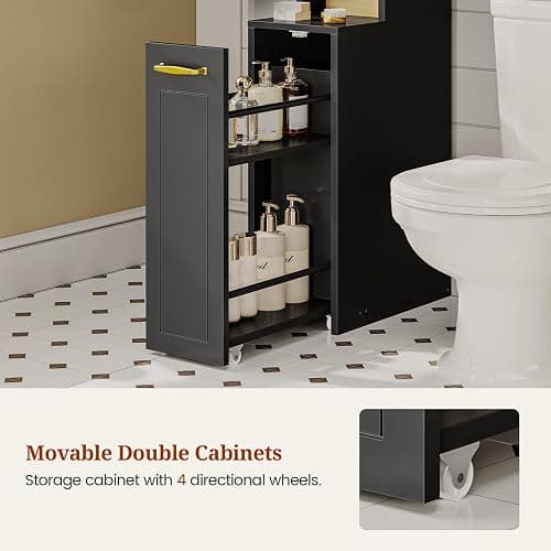 UPOSOJA Over The Toilet Storage Cabinet with Pulley Small Bathroom Storage Cabinet, Space Saver W/Adjustable Shelf & Open Shelf for Bathroom, Restroom, Laundry (Black) thumbnail 5