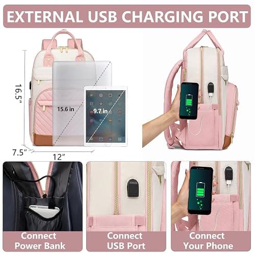 School Backpack for Women Teen Girls - 15.6 inch Laptop Backpack with USB Charger Waterproof College Bookbag Casual Daypack Computer Backpack for Work Travel Backpacks for Teacher Nurse Pink Beige thumbnail 4