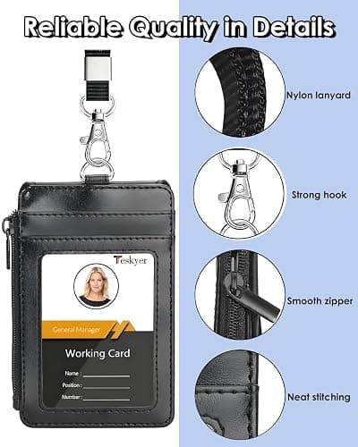 Teskyer ID Badge Holder with Lanyard, 1 Zip Pocket and 4 Card Slots, Lanyard ID Card Holder Wallet for Office School Work Badges, Cruise Ship Cards, Pass Cards - Black thumbnail 6