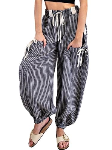 Yinawsky Women Drawstring Striped Pants Loose Wide Leg Casual Lounge Pants with Pockets - Image 1