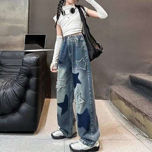 Kids Girls Star Jeans Baggy Elastic Waist Wide Leg Denim Pants Buttons Casual Preppy Streetwear Trousers with Pockets thumbnail 3