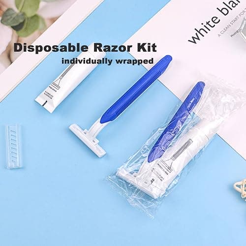Disposable Razors in Bulk Pack of 120,Blue Disposable Shaving Razors Individual Wrapped Twin Blade Bulk Disposable Razors with Clear Cap and 10g Shaving Cream for Homeless,Hotel,Travel,Charity,Shelter thumbnail 3
