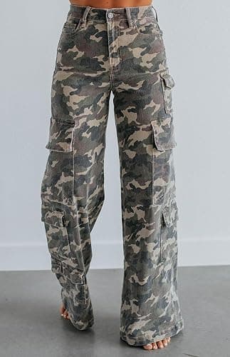 loveimgs Women Casual Camo Print Denim Pants Y2k Wide Leg Cargo Jeans Flare Distressed Camouflage Jeans Sweatpants Pockets thumbnail 7