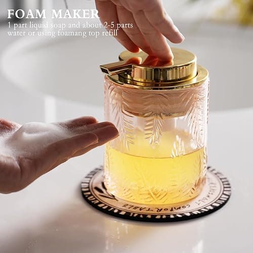 CICUFY Glass Foam Soap Dispenser for Kitchen & Bathroom - Refillable Lotion Dispenser with Large Gold Pump (Leaf Pattern-Pink) thumbnail 3