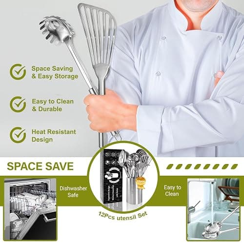 Stainless Steel Kitchen Utensils Set - 12pcs Cooking Utensils Set with Holder, Heat Resistant Kitchen Tool Set for Cooking with Turners, Potato Masher, Spatula, Spoons, Tongs, Whisk thumbnail 4