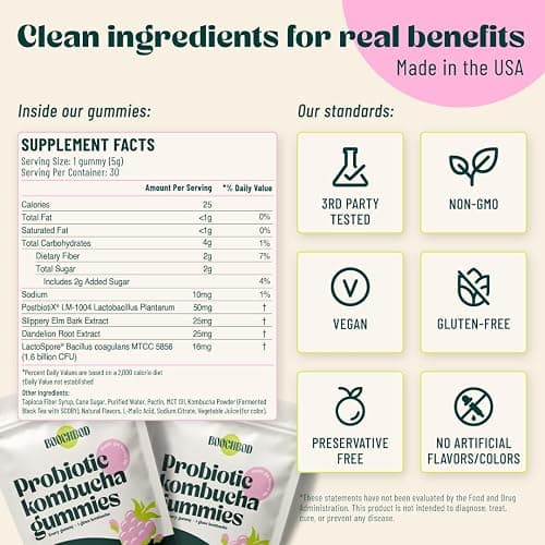 BoochBod - Probiotic Kombucha Gummy - Prebiotics, Probiotics, Postbiotics, Fiber Supplement, Slippery Elm, Dandelion Root, MCT Oil, for Bloating, Gut Health - Probiotics for Women and Men thumbnail 5