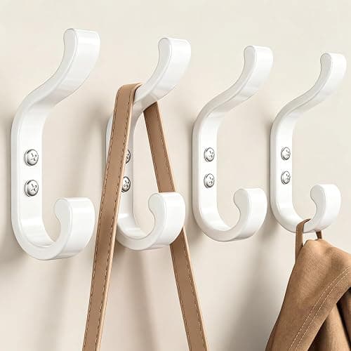 4 Pack Heavy-Duty Metal Double Coat Hooks, for Coats,Hats,Towels and Bags | Double Coat Hooks | white wall hooks | Individual screw-in mounting | Strong double hooks support up to 13.5 kg | Josmimic - Image 1