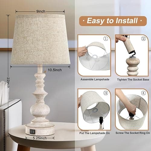 Drawealth Table Lamps for Bedrooms Set of 2 Farmhouse Bedside Lamps for Nightstand with USB Charging Ports Traditional Side Table Lamps for Living Room Wooden Finish, Pull Chain, Bulbs Not Included thumbnail 7