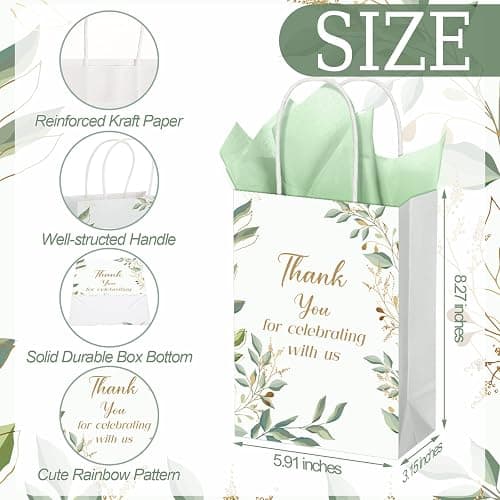 Fuutreo 100 Set Wedding Gift Bags with Tissue Paper Wedding Welcome Favor Paper Bags for Guests with Handles Thank You Bridal Shower Hotel 21 * 8 * 15cm(Eucalyptus Leaves) thumbnail 3