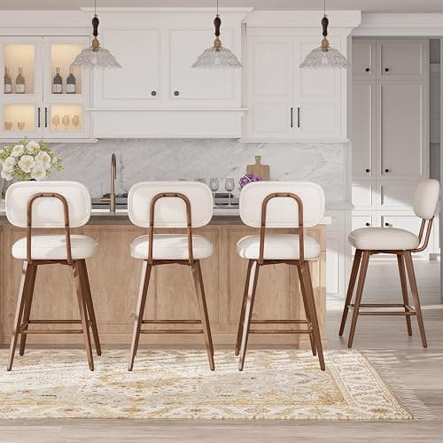 MALOL 26“ Swivel Bar Stools Set of 4, Mid Century PU Leather Counter Height Bar Chairs with Low Back and Metal Legs, Modern Bar Stool Chair for Kitchen Island, Beige - Image 1
