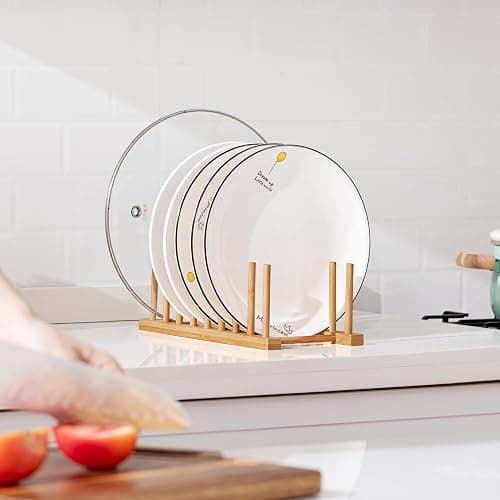 HBlife Heighten Bamboo Wooden Dish Drying Rack Plate Pot Lid Organizer | Plate Bowl Cup Book Pot Lid Cutting Board Stand, Drainer Storage Holder Organizer, For Kitchen Cabinet, 8 Slots thumbnail 5