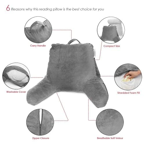 Nestl Reading Pillow Standard Bed Pillow, Back Pillow for Sitting in Bed Shredded Memory Foam Chair Pillow, Reading & Bed Rest Pillows Grey Back Pillow for Bed, Bed Chair Arm Pillow with Pockets - Standard - 07 - Dark Grey thumbnail 8