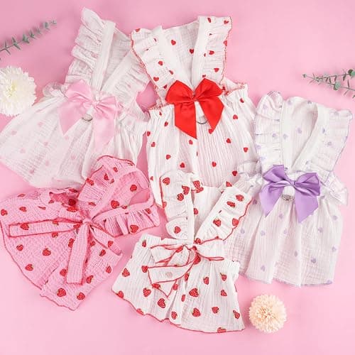BAOBICUTE 2 Pack Dog Dress Clothes for Small Dogs Girl with Leash Ring & Bow cat Dog Outfit Strawberry Printed Pet Cat Apparel Sweet Ruffled Chihuahua Yorkie Puppy Clothes thumbnail 6