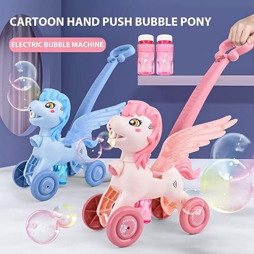 Pink Bubble Machine Blower Maker Lawn Mower Walking Toy Christmas Basket Stuffers Outdoor Summer Girls Kids Toddler 1st Birthday Best Gift for 1 2 3 Year Old Unique Cute Valentines Day Unicorn Gifts thumbnail 7