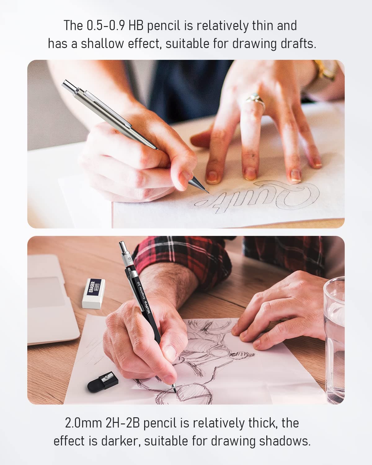 Nicpro 6pcs Mechanical Pencils Set, 3pcs 2mm Lead Holder, Clutch Propulsion Drawing Pen 0.5mm & 0.7mm & 0.9mm for Writing, Sketching, with 12 Tubes Lead Refills (2B 2H HB) thumbnail 4