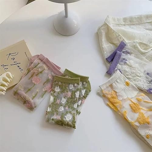 Ballballu Vintage Sheer Socks,Summer Transparent Flower Ankle, Thin Mesh Lace Elastic Jacquard Glass Silk thumbnail 6