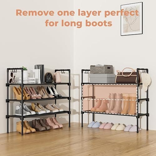 LANTEFUL 3 Tier Shoe Rack for Closet, Shoe Organizer with 5 Hooks, Long Shoe Shelf Storage for Sneaker and Boot Stackable Free Standing Shoe Rack for Entryway, Garage, Small Spaces, Dorm thumbnail 6