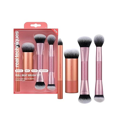 Real Techniques Full Beat Makeup Brush Set, 4 Piece Brush Kit for Foundation, Concealer, Blush, Contour, Highlight & Powder Blending, Travel Set, Soft UltraPlush Bristles, Cruelty-Free | Travel-ready glam, travel makeup brush set, makeup brush kit, concealer, contour - Image 1