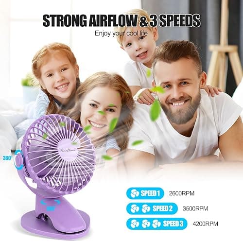 Portable Clip Fan Battery Operated,3 Speeds USB Rechargeable Mini Table Fan with Strong Airflow,360°Rotation Ultra Quiet Personal Desk Fan for Home Office Bedroom Dorm Stroller Camping(Purple) thumbnail 4