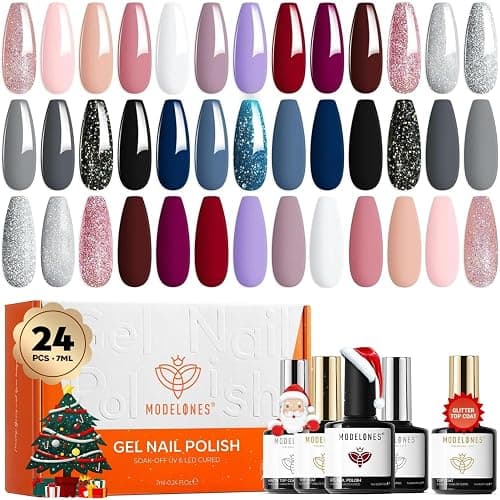 Modelones 24 Pcs Gel Nail Polish Kit, 20 Colors Pink Blue Glitter Nail Polish Gel with Glossy & Matte Top Coat Base Coat Starter Kit Soak Off U V Gel LED Manicure Gift for Women DIY Home Salon - Image 1