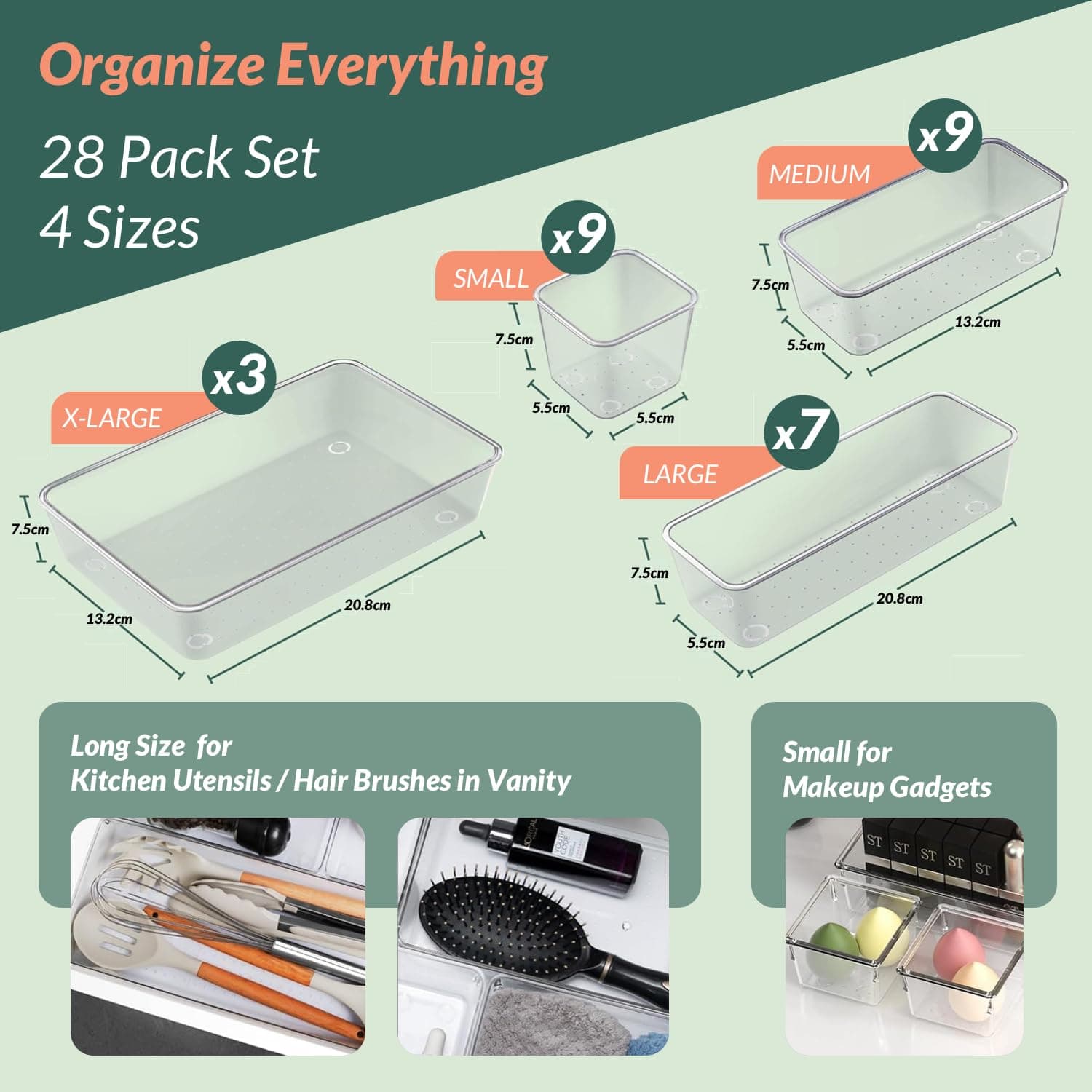 Hormes 28pcs Drawer Organisers Set, 4 Sizes Clear Plastic Drawer Organizer & Vanity Organiser for Makeup & Jewelry Storage, Kitchen Utensils & Gadgets, Desk Supplies, Bathroom & Bedroom Organisation thumbnail 2