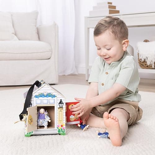 Melissa & Doug Take-Along Wooden Doorbell Dollhouse - Doorbell Sounds, Keys, 4 Poseable Wooden Dolls Portable Doll House, Doorbell House for Kids Ages 3+ thumbnail 9