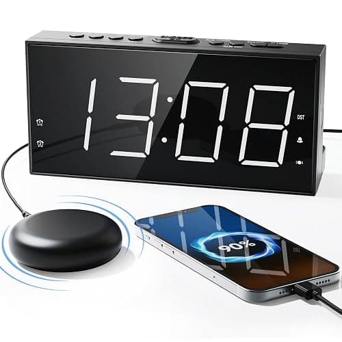 Loud Alarm Clock with Bed Shaker for Heavy Sleeper, Dual Vibrating Alarm Clock with USB Charger for Hard of Hearing/Deaf, 7.5’’ Large LED Display with Dimmer, Snooze, 12/24H & Battery Backup - Image 1