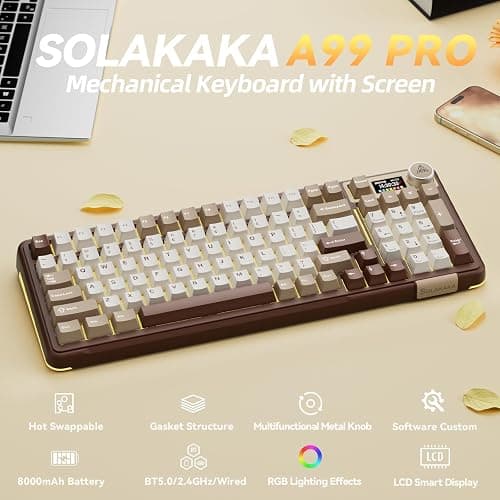 SOLAKAKA A99 Pro Mechanical Keyboard with LCD Screen & Metal Knob, Wireless Gaming Keyboard with BT5.0/2.4GHz/USB-C, Hot Swappable Creamy Keyboard, Gasket Structure, RGB Backlit, for Win/Mac thumbnail 2