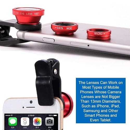 KINGMAS 3 in 1 Universal Fish Eye Lens + Wide-Angle Lens + Macro Clip Camera Lens Kit for iPad iPhone Samsung Android and Most Smartphones red thumbnail 2