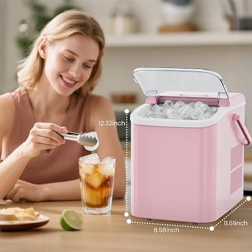 DUMOS Countertop Ice Maker with Handle, 26lbs/24H Portable Ice Machine, 9 Bullet Ice Cubes Ready in 6 Mins, Self-Cleaning, Quiet Compact Ice Maker for Home, Kitchen, RV, Camping, Pink thumbnail 2