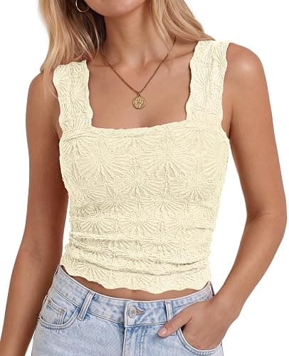 DouBCQ Women Cute Crop Tank Top Square Neck Wide Strap Vest Slim Fit Floral Lettuce Trim Cropped Cami Tops - Image 1