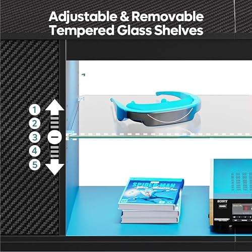 Bestier 145 CM LED TV Stand for 55/60 / 65 Inch TVs Gaming Entertainment Center with Cabinet for PS5 Modern TV Cabinet with Adjustable Glass Shelves for Living Room Bedroom - 145CM - Black Carbon Fiber thumbnail 4