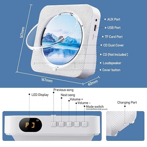 CD Player Portable Bluetooth 5.1 Desktop CD Player with HiFi Sound Speakers,Remote Control,Dust Cover,LED Display,Boombox FM Radio,USB/AUX for Home,Kids (White) thumbnail 2