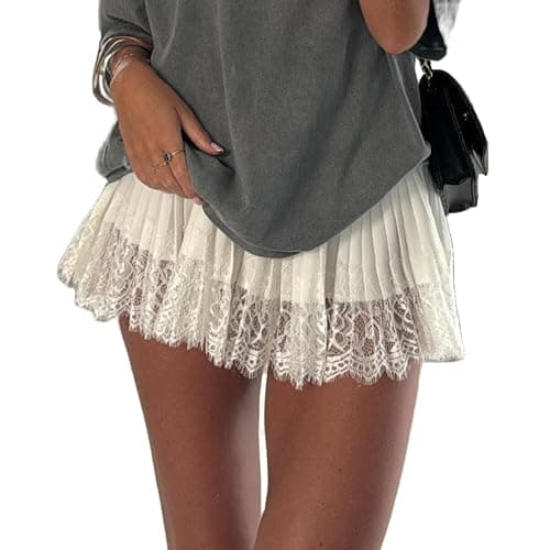 Women Lace Slip Skirt Ruffle Pleated Layered Y2k Flowy Skort with Built in Shorts - Image 1