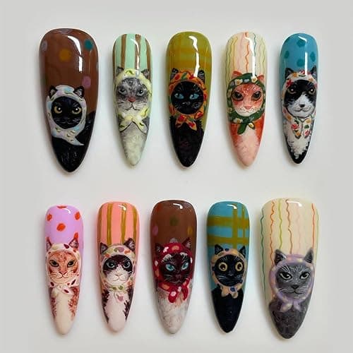 IMRAIN Press on Nails Long Stiletto Fake Nails Glossy Acrylic Colorful False Nails with Kitten with Hijab Pattern Designs Cute Artificial Stick on Nails for Women 24Pcs - Image 1