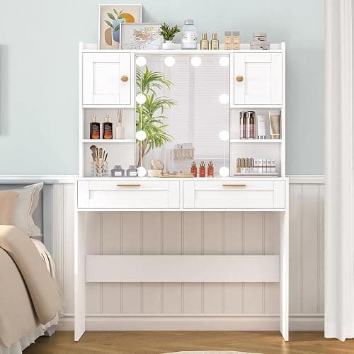FIONESO Coiffeuse avec Grand Miroir，luminosité réglable,Table de Maquillage avec 2 Tiroirs et 2 Armoires, Moderne Coiffeuse, Blanc thumbnail 6