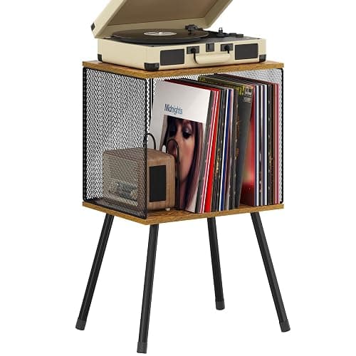 X-cosrack Record Player Stand with Storage up to 100 Albums, Retro Small Vinyl Record Holder - Adjustable Divider, Book/LP Record Storage and Organizer Vinyl Table for Living Room, Bedroom - Image 1