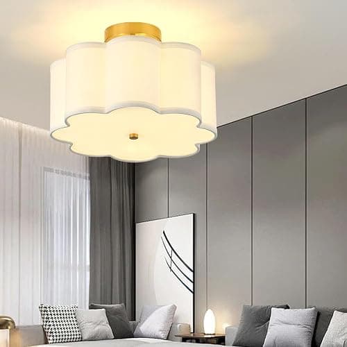 Giutna 13.3"Semi Flush Mount Ceiling Light Fixture, 3-Light Modern Close to Ceiling Light With Fabric Flower-Shaped Shade, Light Fixtures Ceiling Mount for Bedroom Nursery Kids Room Living Room(Gold) thumbnail 7